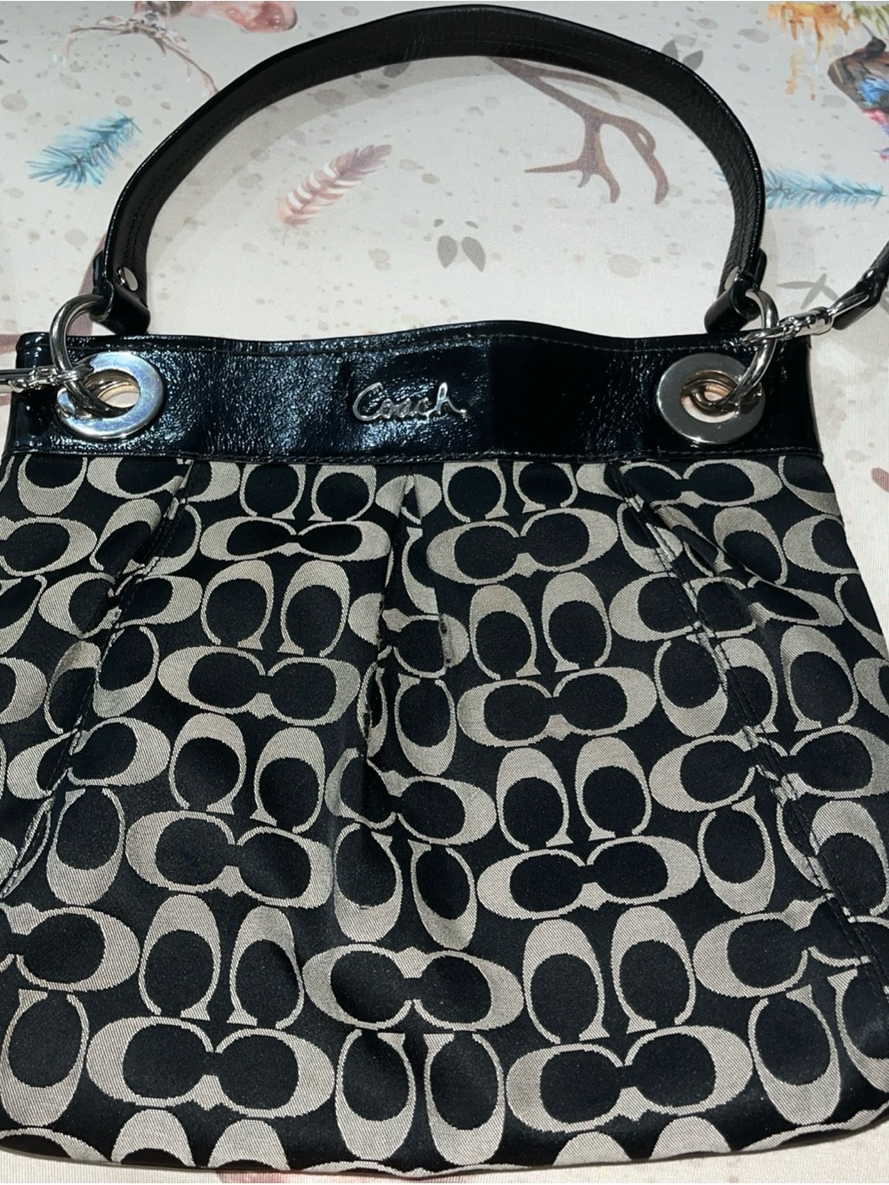 Coach Black and Cream Signature Canvas Shoulder Bag